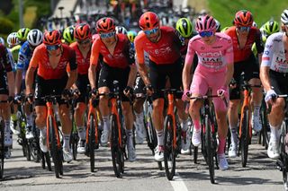 Geraint Thomas, Filippo Ganna and race leader Tadej Pogačar during stage 6 of the Giro d'Italia