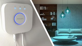 Composite image of Philips Hue Bridge on wall and blue Philips Hue smart lights in living room