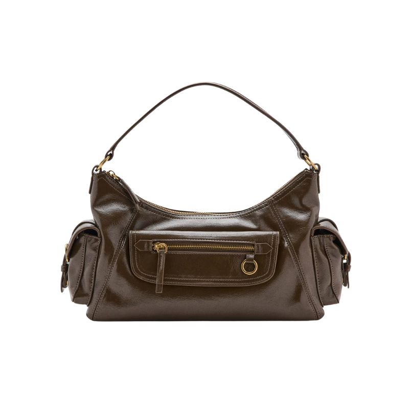 A cutout of a khaki shoulder bag with pockets by Mango