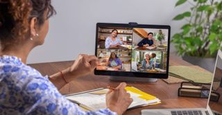 Somebody using a Portal device for video conferencing from their home office