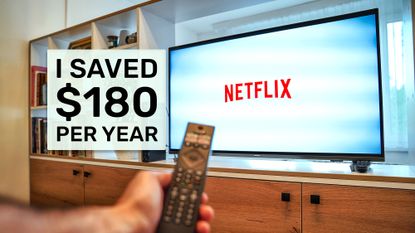 Netflix on a TV set with hand holding remote