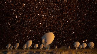 The MeerKAT dishes with some of the radio signals they have detected superimposed onto the sky.