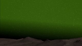 An illustration of rocky terrain on Mars with an eerie green sky in the background