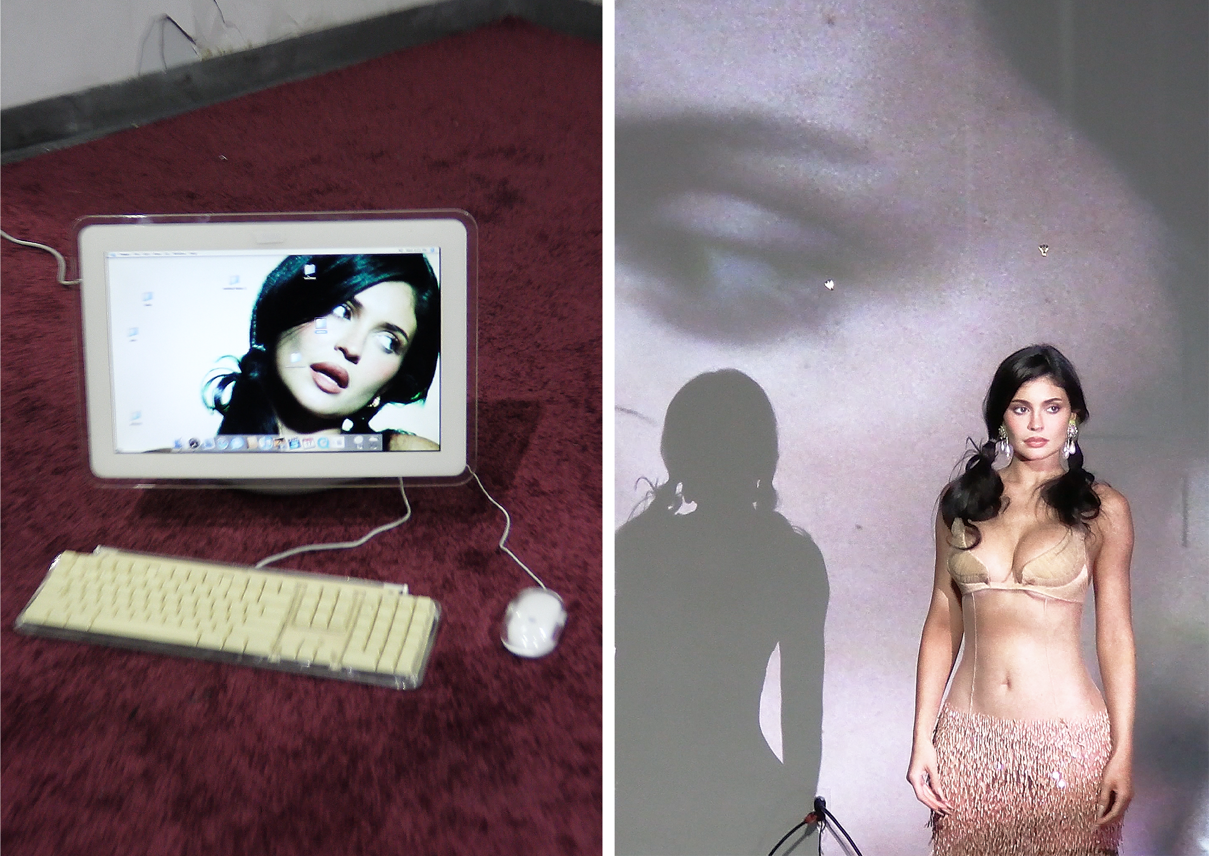 Left: A desktop Apple computer on a red carpet shows Kylie Jenner's face on the screen. Right: Kylie Jenner poses in front of a project image of herself.