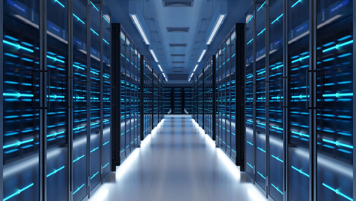 A CGi render of a supercomputer processing room, lit in stark white light with blue LEDs on each rack of the room.