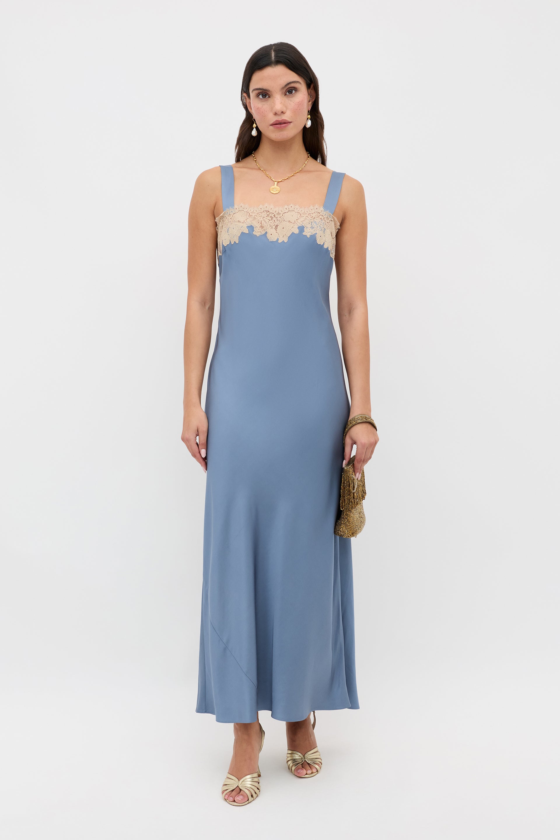 Rosamarie Satin Dress in Stone Blue