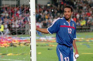 Thierry Henry of France at the place where the golden goal by Trezeguet touched the net.