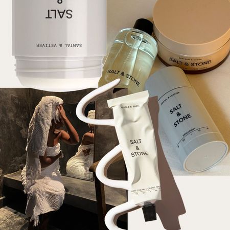 A collage of images of a woman sitting on the bathroom counter wrapped in towels, a group of Salt and Stone products, and cleaning supplies and soap sitting on a tiled countertop.