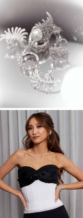 a composite close up of Brenda Song's jewelry and her Chanel dress for her red carpet premiere