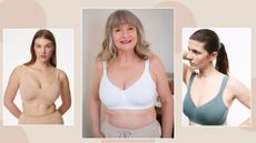 Julie Player wearing M&S Flexifit minimiser bra in white Models wearing rose quartz and smokey green