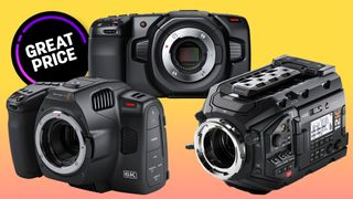 Three Blackmagic video cameras on a pink to yellow gradient with 'great price' roundel