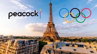 Peacock and Olympics logos for 2024 Olympics surrounding Eiffel Tower