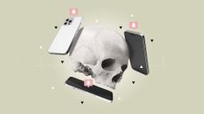 Illustration of smartphone floating around a skull