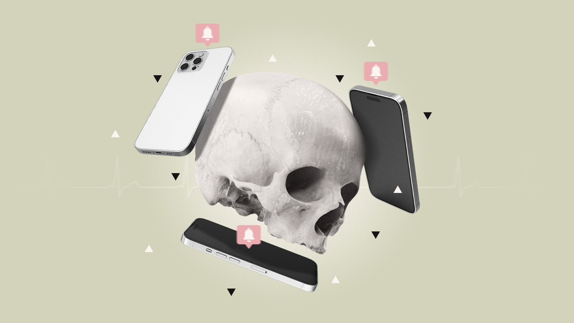 Illustration of smartphone floating around a skull
