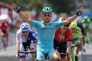 Andrea Guardini (Astana) celebrates his stage one win in Langkawi