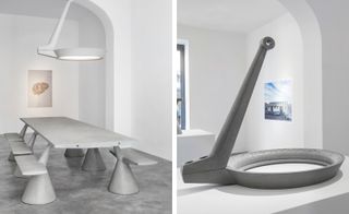modular tables with integrated seating and suspension lighting