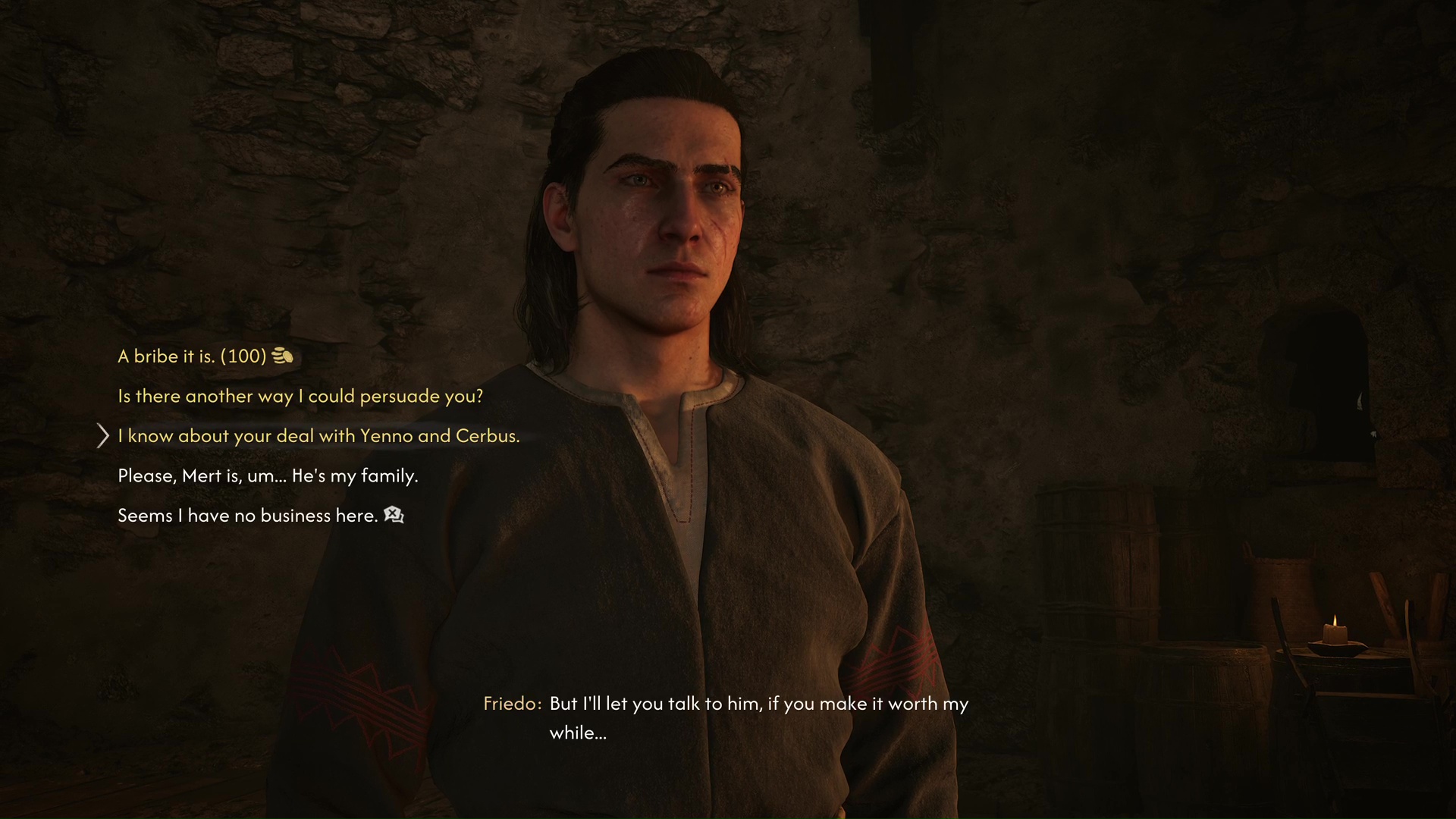 Blackmailing your way to Mert the Miller in The Blood of Dawnwalker
