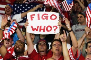 USA fans mock Luis Figo during their team's 3-2 win over Portugal at the 2002 World Cup.