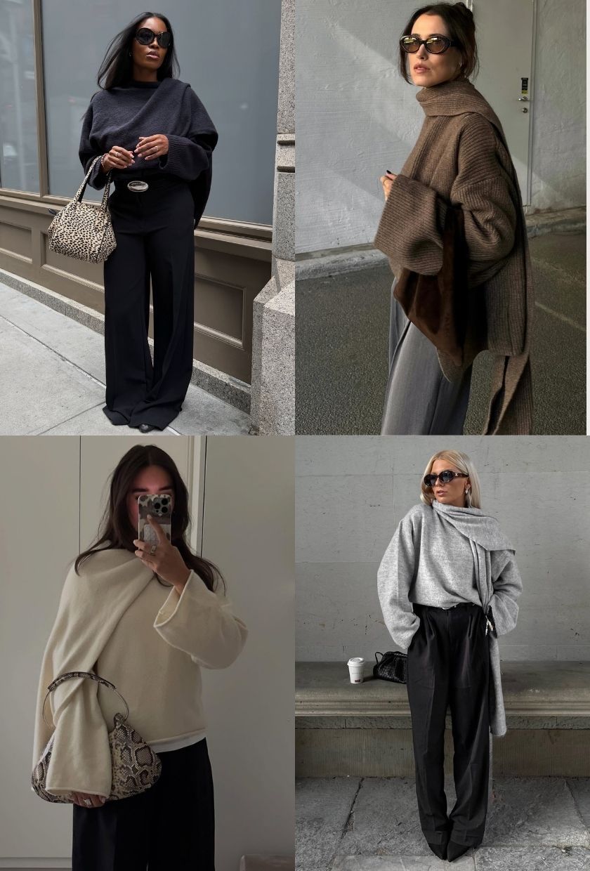 close-up shots of a black scarf-knit and tailored trousers, brown scarf-knit and grey tailored trousers, cream scarf-knit and black tailored trousers, and grey scarf-knit and black tailored trousers