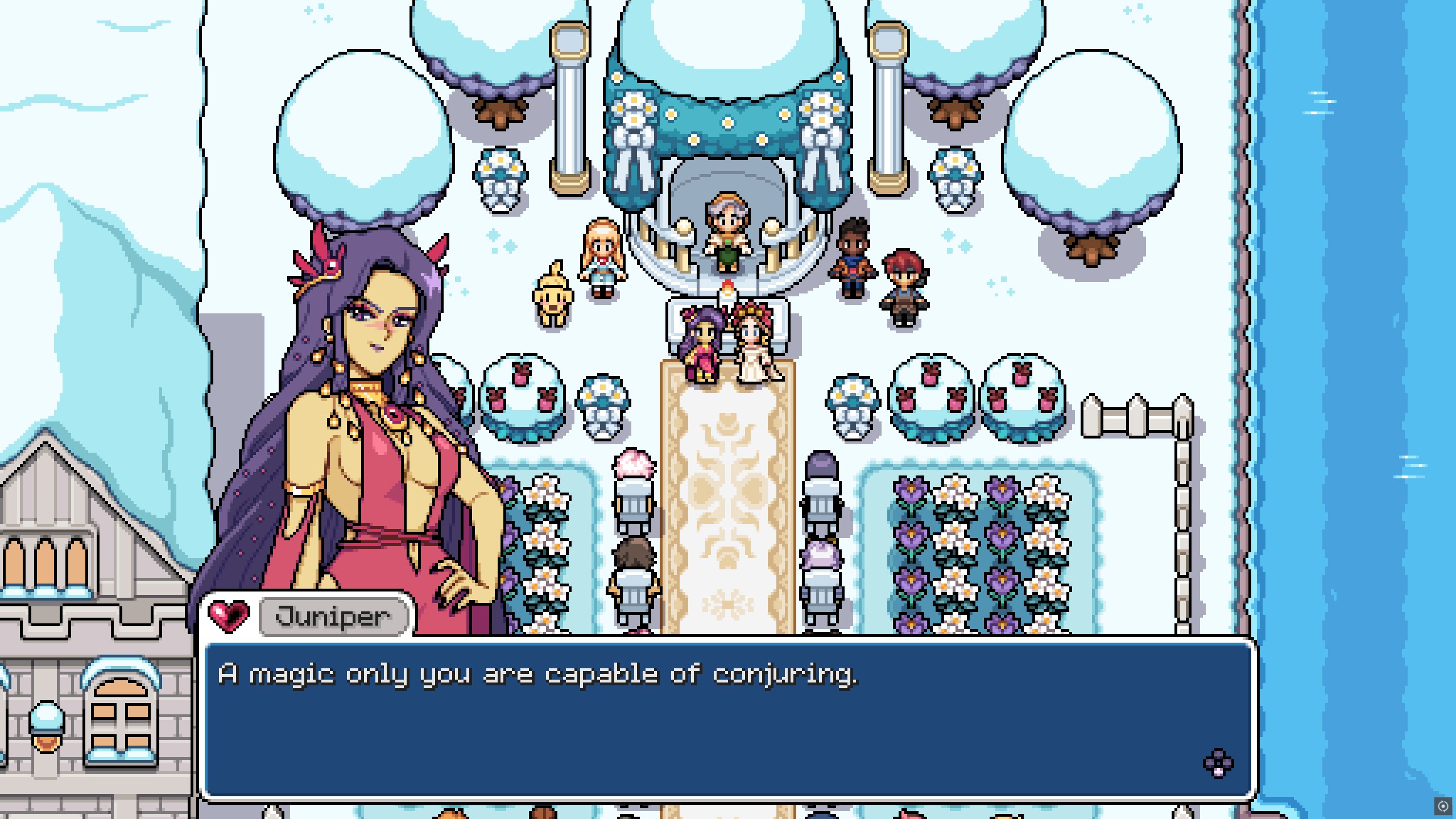 Fields of Mistria - Juniper stands at a wedding altar with the main character and says "A magic only you are capable of conjuring"
