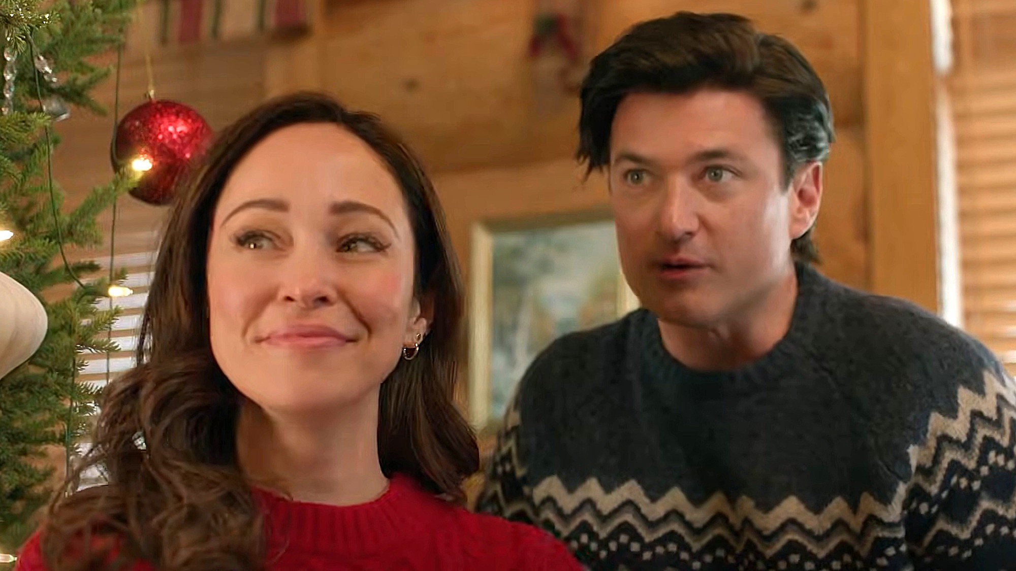Autumn Reeser and Wes Brown are shown in Hallmark's Countdown to Christmas movie Christmas Delivered.