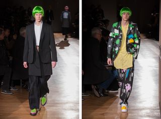 A separate view of the same catwalk but different models front on view, both with green hair