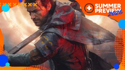 Key art for Control Resonant showing Dylan Faden wielding the Aberrant as a massive granite-like hammer in front of a warped Manhattan, with the orange GamesRadar+ Summer Preview 2026 frame