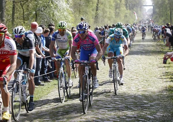 Riders make their way through the difficult cobbles of the Arenberg Forest.