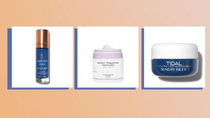 Three of the best face moisturizers by augustinus bader, drunk elephant and sunday riley on a putty colored background