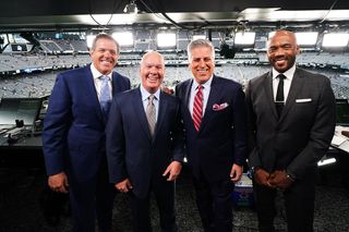 Las Vegas, NV - September 13, 2021 - Allegiant Stadium: Brian Griese, John Parry, Steve Levy and Louis Reddick prior to a regular season Monday Night Football game.