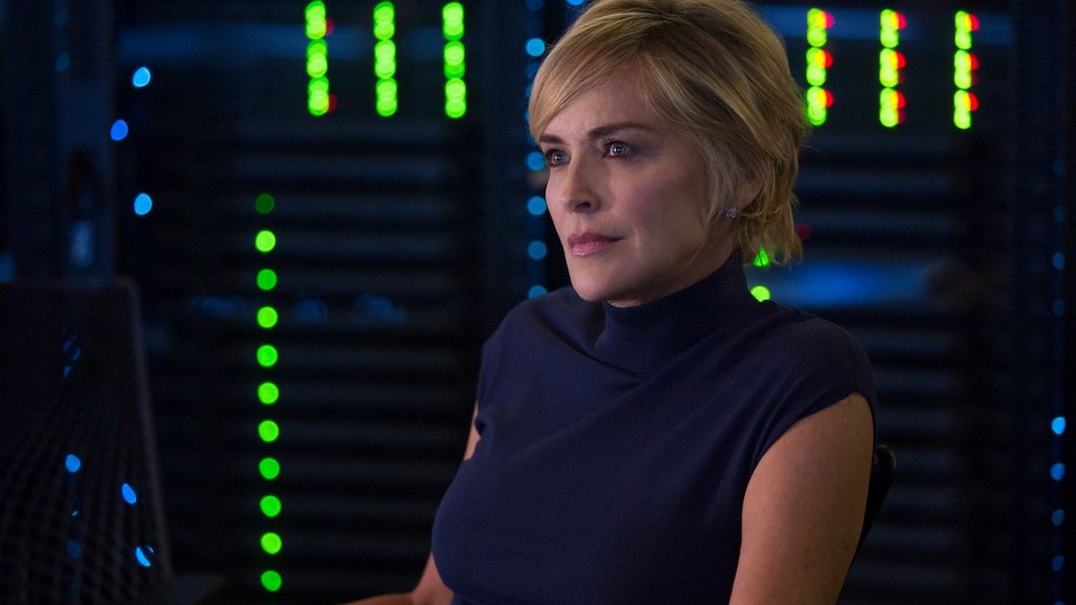 Sharon Stone wearing blue dress in Agent X