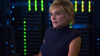 Sharon Stone wearing blue dress in Agent X