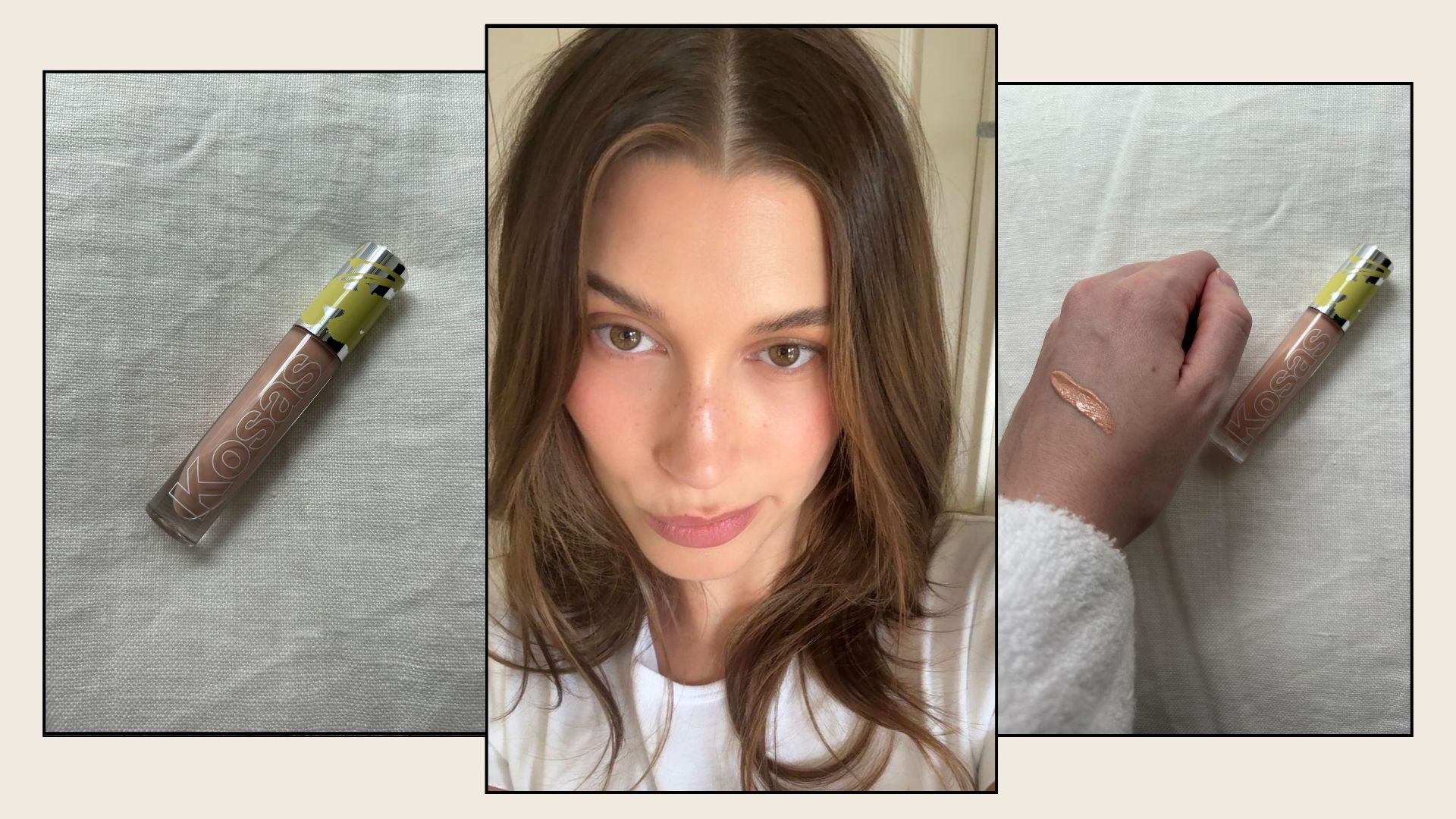 A picture of the Kosas under-eye corrector and Hailey Bieber taking a selfie