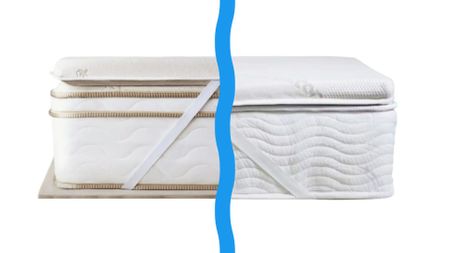 The left half of the Saatva Graphite Memory Foam Mattress Topper combined with the Saatva High-Density Foam Mattress Topper to make a whole. A blue wavy line separates the two bed toppers.
