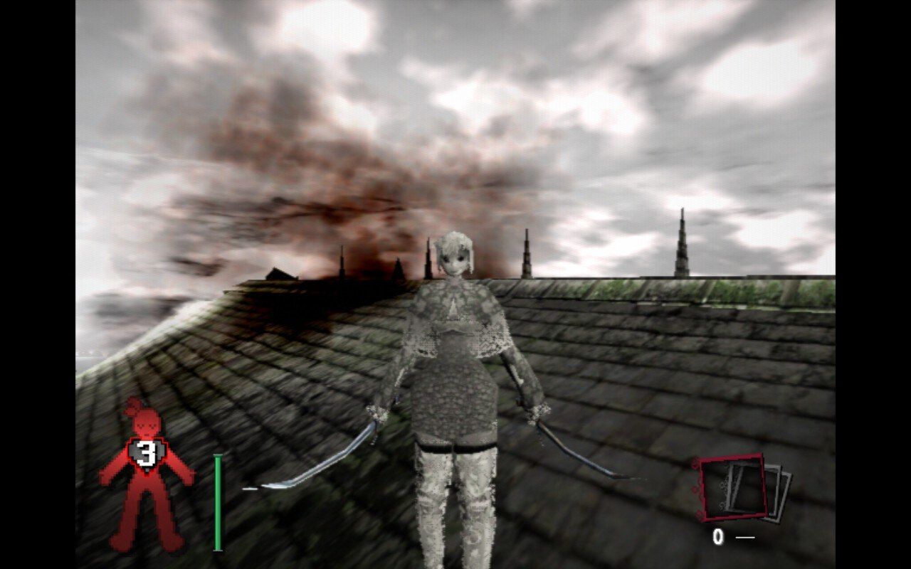Prison of Husks screenshot showing Doll character on rooftop