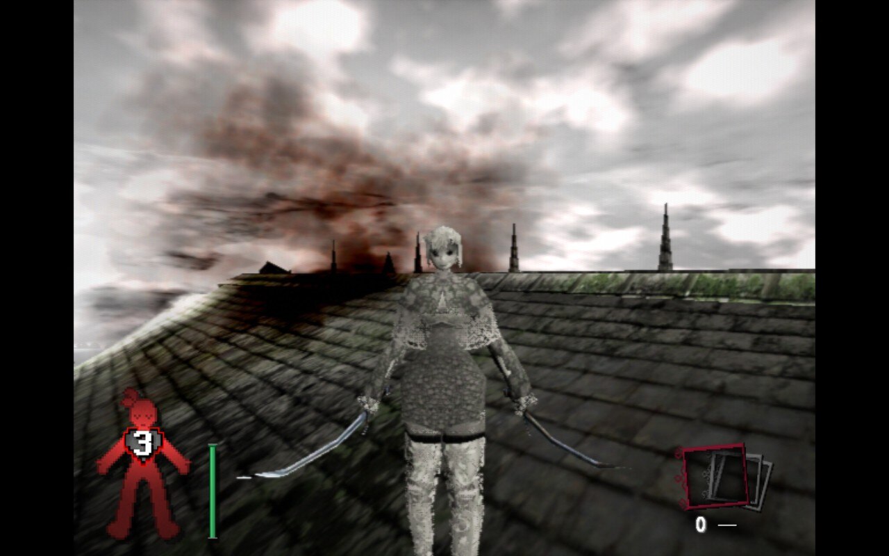Prison of Husks screenshot showing Doll character on rooftop