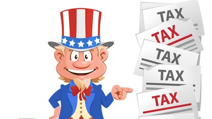 drawing of Uncle Sam pointing at several tax letters