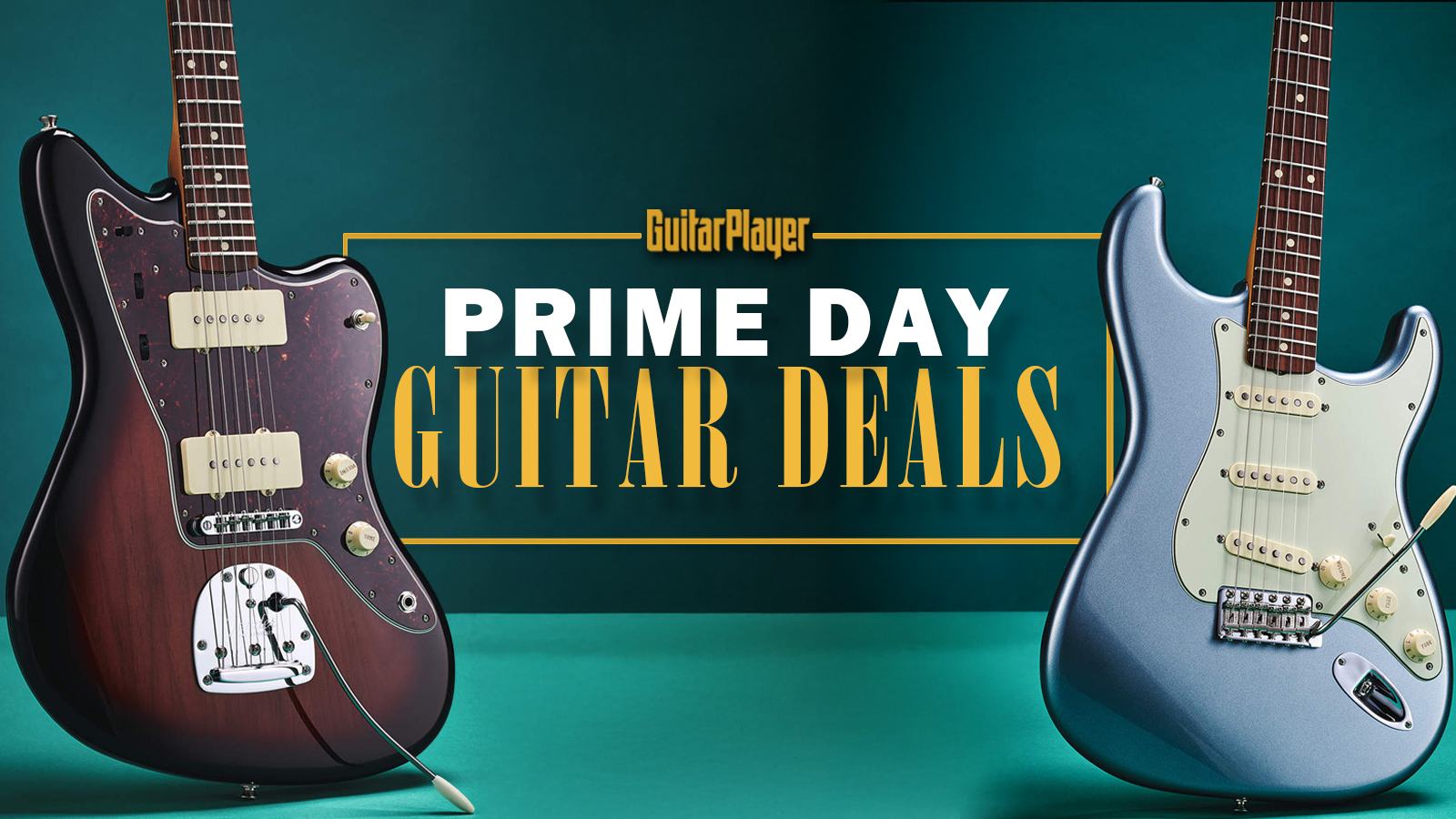 Fender Jazzmaster and Stratocaster guitars on a green background