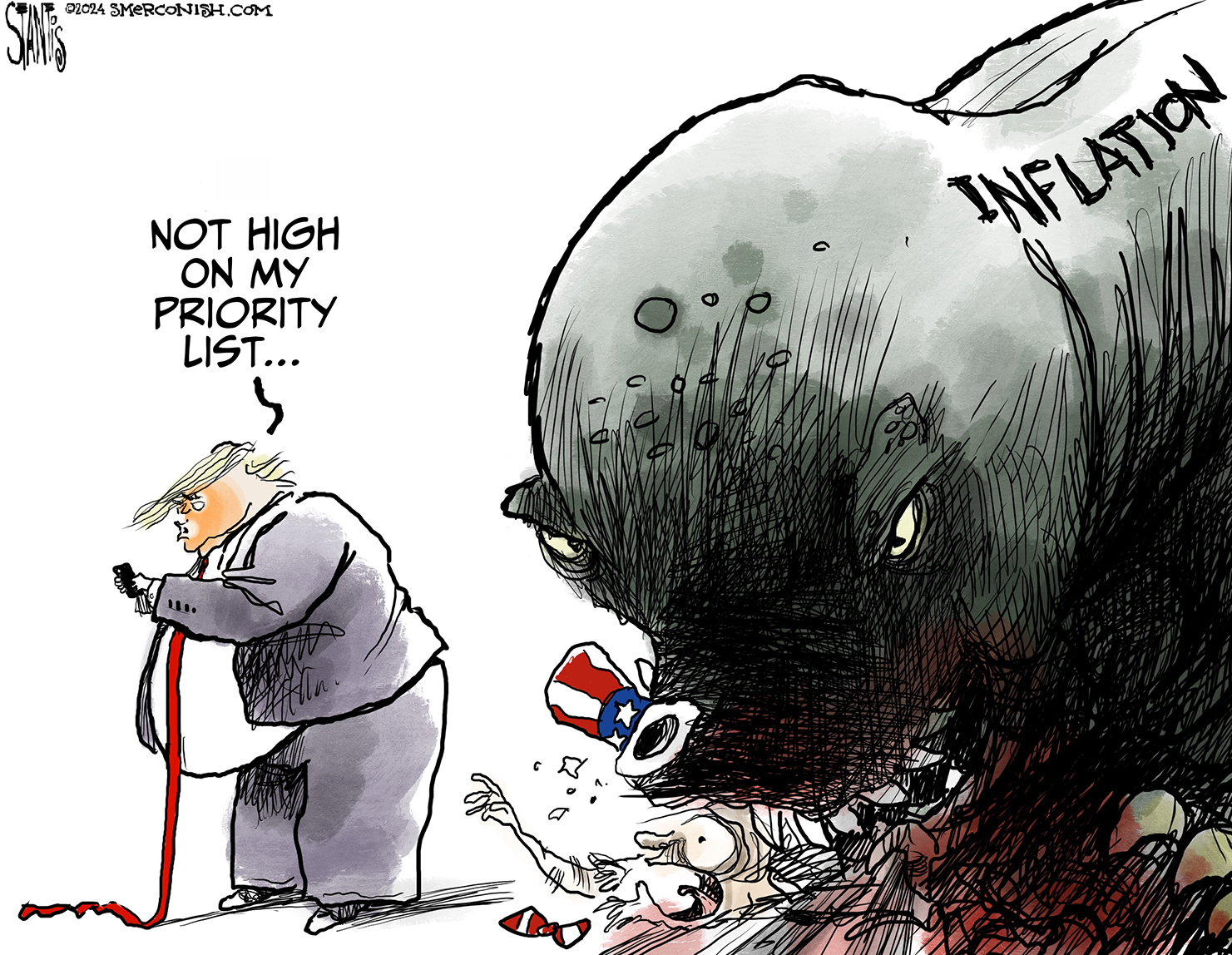 This political cartoon depicts an obese Donald Trump looking at his phone while a giant beast labeled &amp;ldquo;Inflation&amp;rdquo; crushes Uncle Sam behind Trump&amp;rsquo;s back. Trump says, &amp;ldquo;Not high on my priority list.&amp;rdquo;