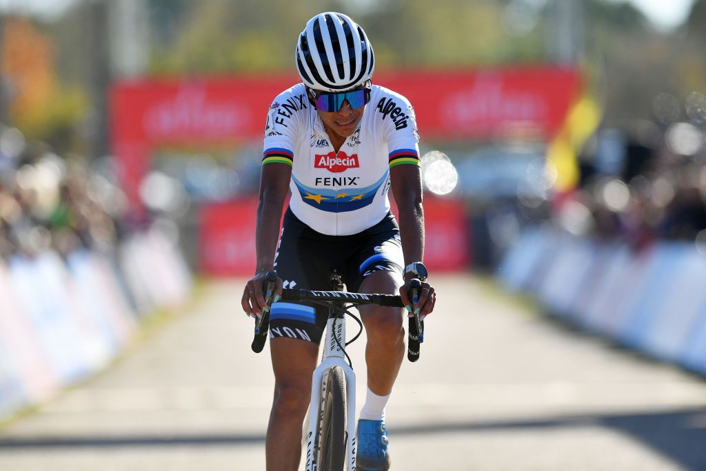 ZONHOVEN BELGIUM OCTOBER 24 Ceylin Del Carmen Alvarado of The Netherlands and Team Alpecin Fenix crosses the finishing line during the 25th Zonhoven UCI CycloCross Worldcup 2021 Womens Elite CXWorldCup UCIcyclocrossWC zonhoven on October 24 2021 in Zonhoven Belgium Photo by Luc ClaessenGetty Images