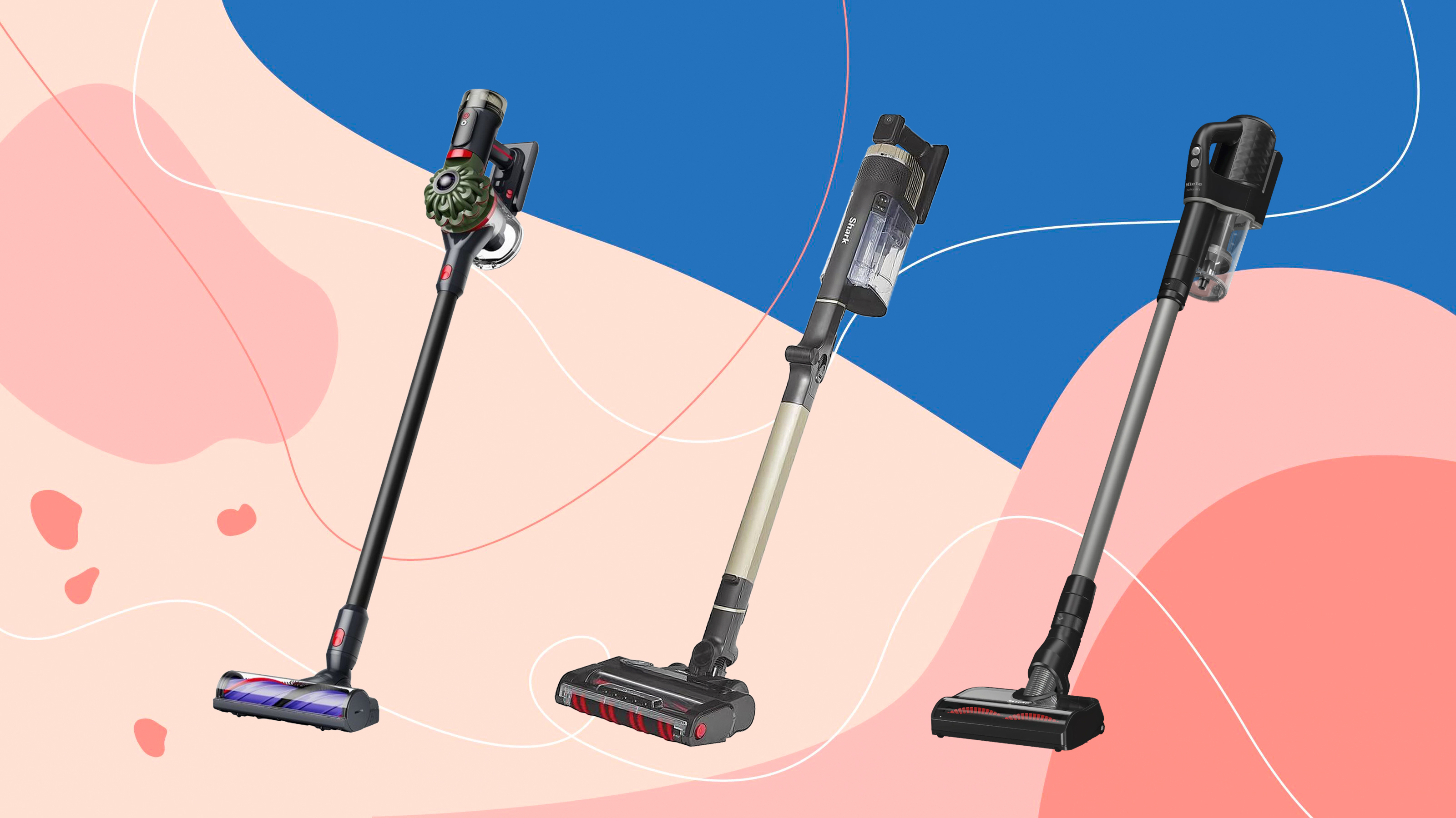 three cordless vacuums on a pink and blue background