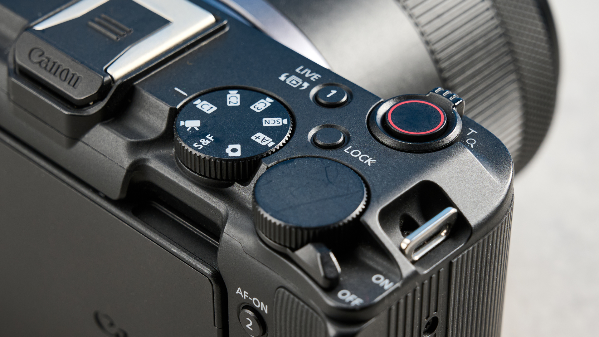 A black Canon EOS R50 V video-first camera