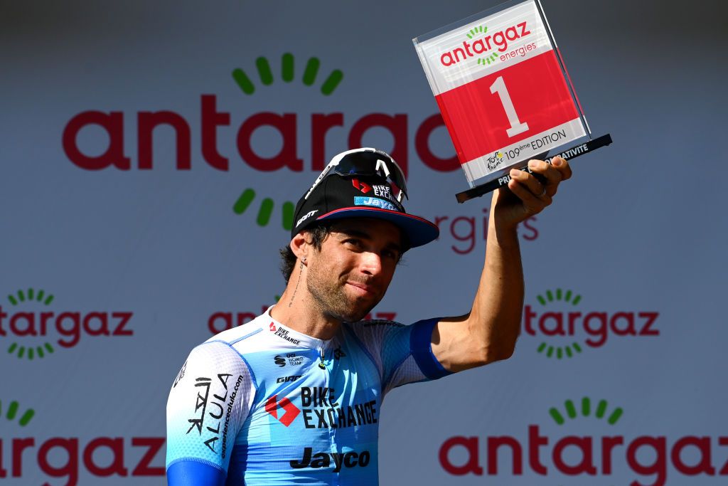 MENDE FRANCE JULY 16 Michael Matthews of Australia and Team BikeExchange Jayco celebrates winning the trophy for the most combative rider on the podium ceremony after the 109th Tour de France 2022 Stage 14 a 1925km stage from SaintEtienne to Mende 1009m TDF2022 WorldTour on July 16 2022 in Mende France Photo by Tim de WaeleGetty Images