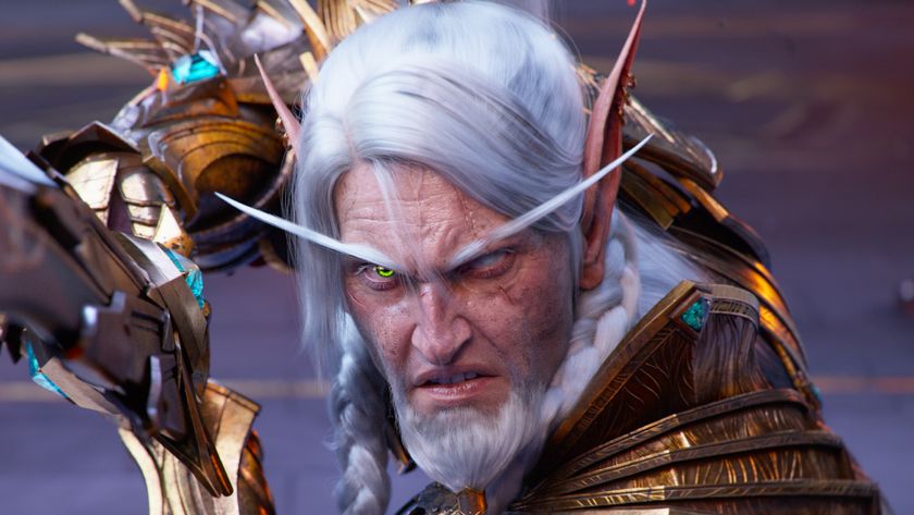 A screencap of the announcement trailer for World of Warcraft: Midnight. A grey-haired elven warrior readies his sword while looking at the viewer. He&#039;s wearing golden plated armor. His long eyebrows are slanted as he looks forward with a stoic determination.