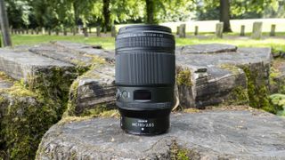 The Nikon Nikkor Z MC 105mm f/2.8 VR S sat on a tree trunk