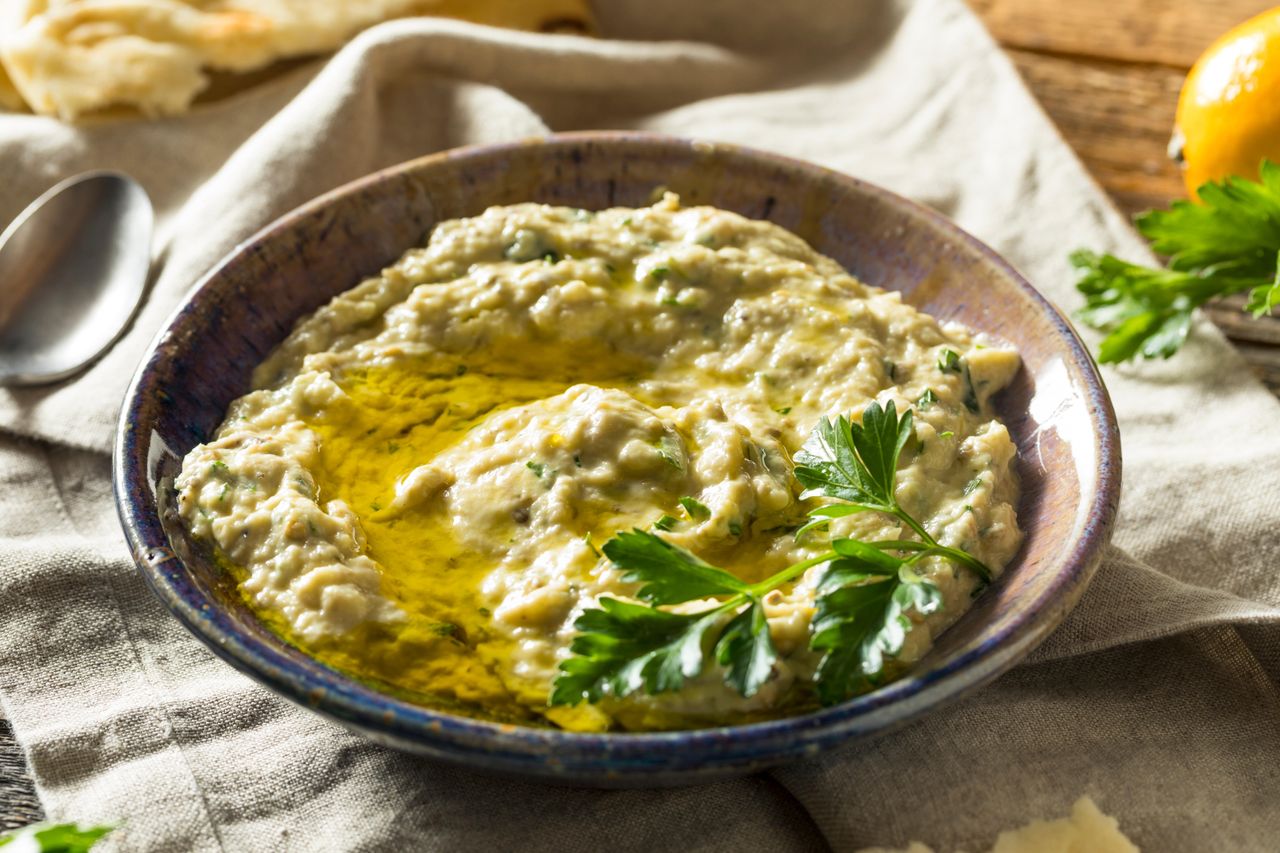 Aubergine toasts filling in a bowl