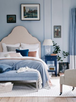 Relaxing bedroom in flax blue by Neptune Clemmie headboard
