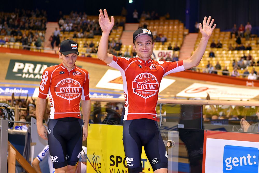 Lotto Soudal's Jasper De Buyst and Tosh Van Der Sande celebrate their third place at the Gent Six day