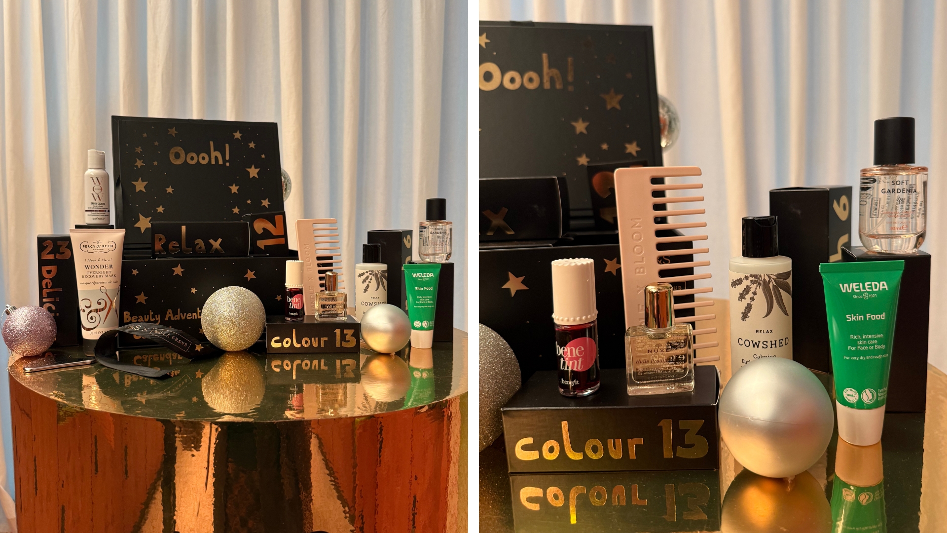 On the left, image of the M&amp;amp;S Beauty Advent Calendar 2025 with its contents in front, on the right a close up of its contents