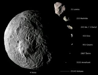 Comparative imagery of nine asteroids. With a diameter of about 330 miles (530 kilometers), Vesta dwarfs all of these small bodies. Many scientists think it's a protoplanet left over from the solar system's first few million years.